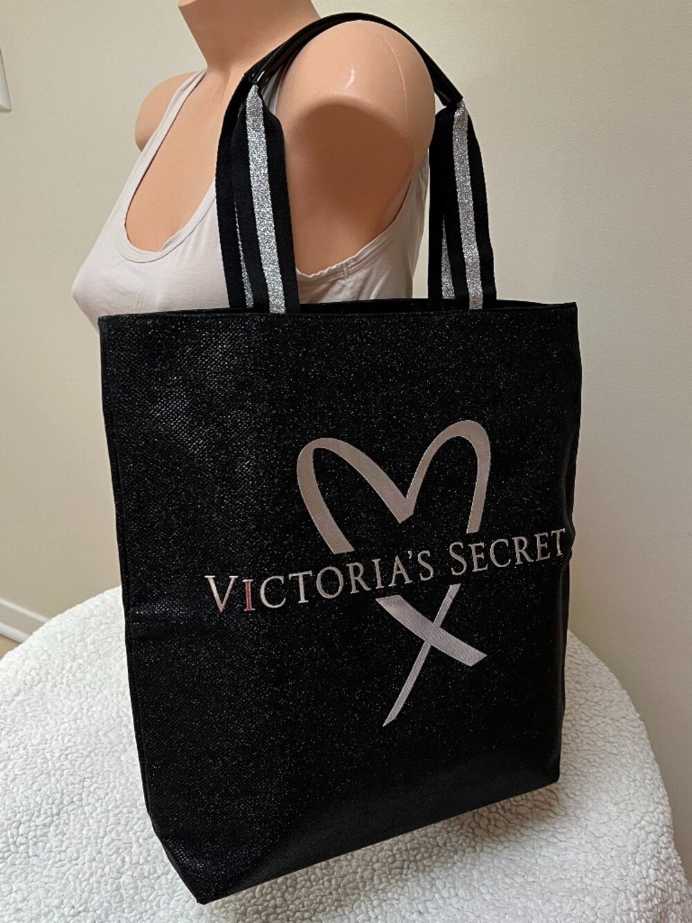 Victoria's Secret Glamour Glitter Bling Black Tote Bag with Silver Heart VS Logo